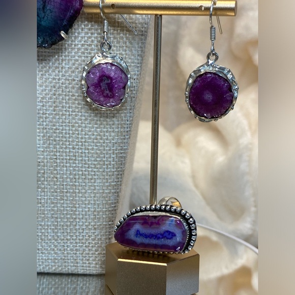 Vintage Solar Quartz Beads, Blue Pink and Gray Colored necklace, Ring & Earrings - Picture 5 of 12